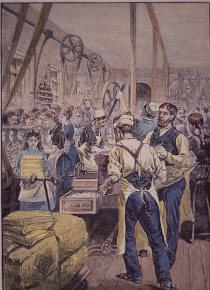 US textile industry, textile factory in the North, c.1870 (coloured engraving)
