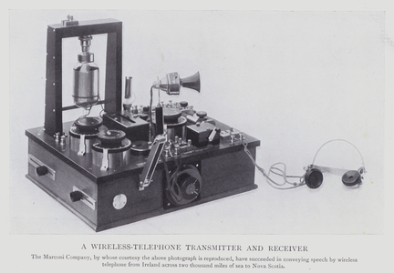 A wireless-telephone transmitter and receiver (b/w photo)