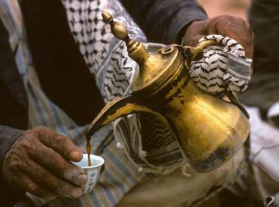 Bedouin Arab men eating breakfast at an encampment in the Wadi Sbaeya in the Sinai Pe…, 1974 (photo)