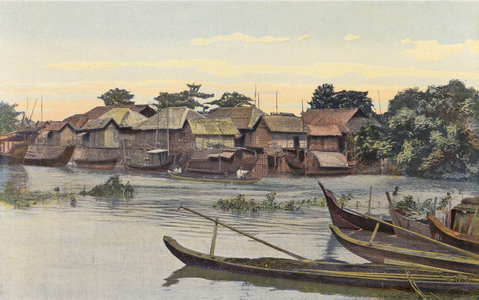 Village on the banks of the Mekong River, Cambodia (coloured photo)