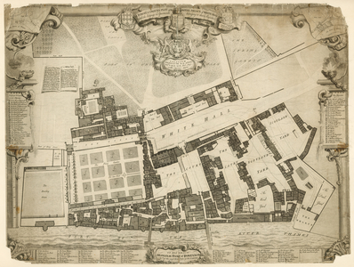Survey and ground plot of the Royal Palace of Whitehall, 1680, with the lodgings and apartments belonging to their Majesties (engraving)
