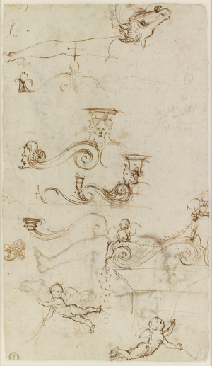 Verso: Sheet of studies mainly of ornamental details, WA1846.147 (pen & brown ink, black chalk on paper, a seperate study in leadpoint)