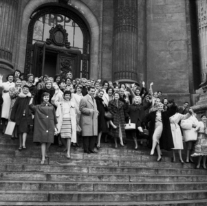 Ready-To-Wear Show in Paris on December 8, 1957 : Dress Designer Albert Lempereur With Models (b/w photo)
