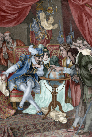 Christopher Columbus in Santa Fe camp. Engraving. Specht engraving after a painting by Kollarz. The Illustrated Universe, 1880. Colored.