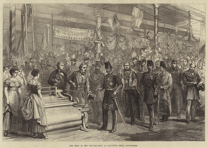 The Shah in the Weaving-Room at Haworth's Mills, Manchester (engraving)
