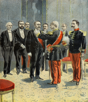Emile Loubet receives the insignia of Grand Master of the Legion of Honor from General Davout, 1899 (Engraving)