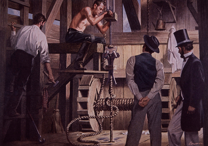 Drilling rig of 1859, Drake Well, Pennsylvania, 1940s (colour litho)