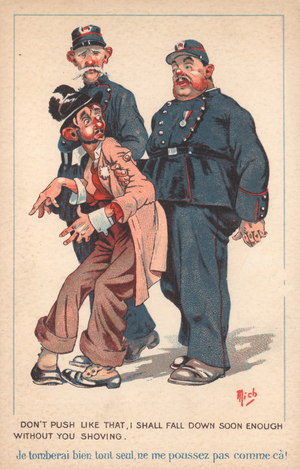 Two policemen escorting a drunken man (colour litho)