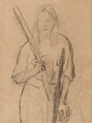Standing Girl with wooden post in her hand (pencil & wash on paper)