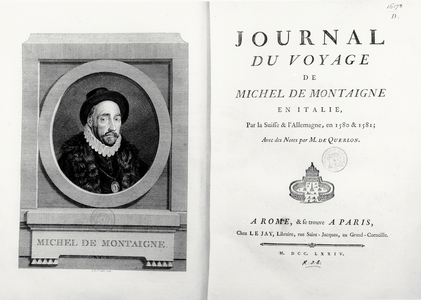 Title page and frontispiece with portrait of the author by A. de Saint Aubin, from 'Journal de Voyage en Italie 1580 et 1581 de Michel de Montaigne', 1774 (engraving)