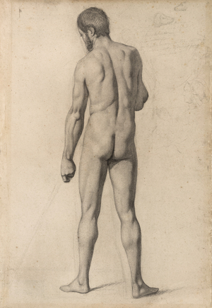 Academic nude, seen from the back, 1862 (charcoal and black chalk, with stumping and erasing, and graphite sketches and notations, on tan laid paper, laid down on heavy tan wove paper)