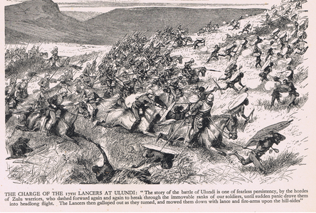 The Charge of the 17th Lancers at Ulundi, illustration from 'Our Fathers' by Alan Bott, 1932 (litho)
