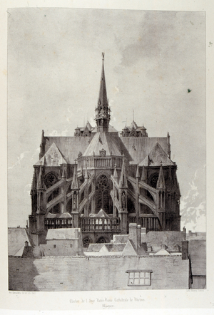 Drawing of the Cathedral of Notre Dame de Rheims, France 1857. Illustrated in 'Voyages pittoresques et romantiques' (Picturesque and romantic journeys in ancient France), by Isidore Taylor, (baron Taylor) 1857.