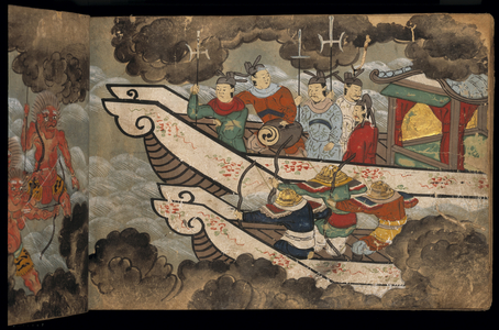 Chinese soldiers on ships, illustration from the 'Taishokkan' (ink & colour on paper)