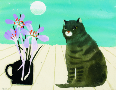 Cat by a Full Moon, 1991 (w/c heightened with white on paper)