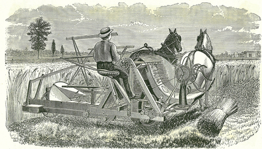 Horse-drawn self-binding reaping machine by Walter A Woods, 1877 (engraving)