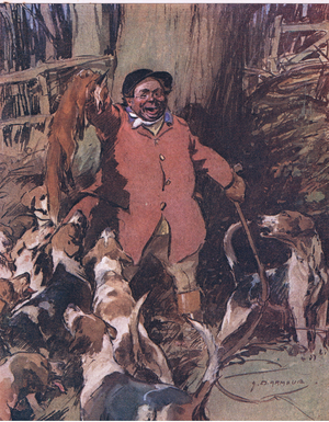 Holdin' him abov ethe baying pack, from Mr Jorrocks' Lectors published by Hodder & Stoughton, 1910 (colour litho)