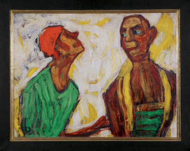 A conversation of clowns (distemper and oil on canvas)