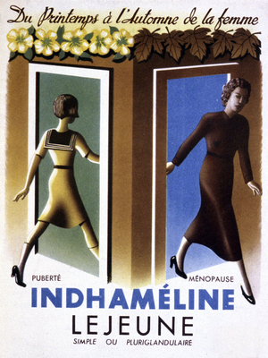 Indhameline, advertisement for female hormone, c. 1930 - 1940 (print)