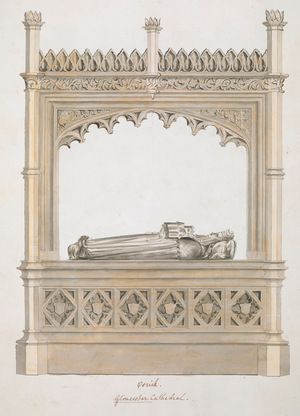 Side view of the tomb of Osric, King of the Hwicce in Gloucester Cathedral