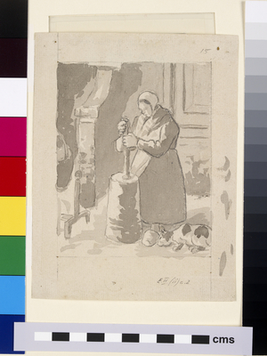Compositional study of a female peasant making butter' (grey wash & chinese white over black chalk on paper)