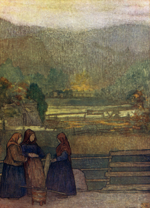 Norway: Country-women selling Berries on the Road to Storen (colour litho)