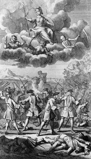 Fight between French brigand Louis Dominique Garthausen aka Cartouche (1693-1721) and his accomplices against archers, engraving by Scotin after Bonnart for book "Le Vice Puni ou Cartouche" by Nicolas Ragot De Grandval, 1728