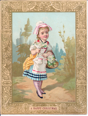 Victorian Christmas card of a girl carrying a bouquet of flowers in one hand and holding a basket of flowers with the other, c.1880 (colour litho)