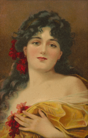 Woman in a gown with red flowers (colour litho)