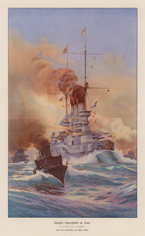 German battleship SMS Deutschland (colour litho)