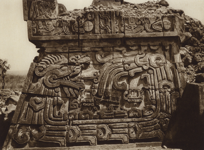 Mexico: Xochicalco, Parte de la piramide con serpiente y jeroglificos (b/w photo)
