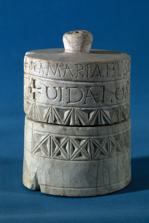 Reliquary with inscriptions in Carolingian characters, from Santa Maria de Lillet, Catalonia (alabaster)