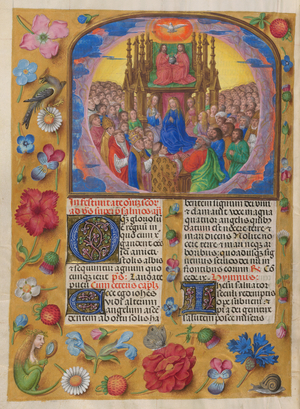 The Sanctorale; Feast of All Saints. 1 November. The Virgin with saints, and the Trinity above. Text with decorated initials. Borders of trompe l'oeil decoration with flowers, strawberries, insects, a bird, and a mermaid looking at a mirror