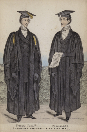 Fellow Commoner, Pensioner, Pembroke College and Trinity Hall (coloured engraving)