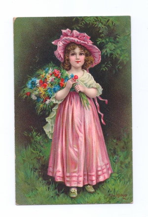 Edwardian postcard of a girl in a pink gown and pink hat holding a bouquet of flowers c.1910 (colour litho)