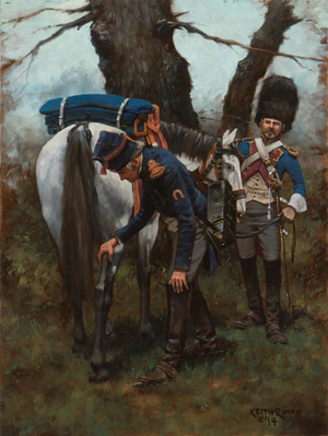 Farrier Trumpet Grenadiers on Horseback 1815, 2014 (oil on board)
