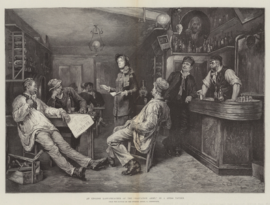 An English Lady-Preacher of the "Salvation Army," in a Swiss Tavern (engraving)