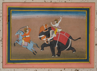 Tiger attacking an elephant (gouache on paper, gold embellishment)