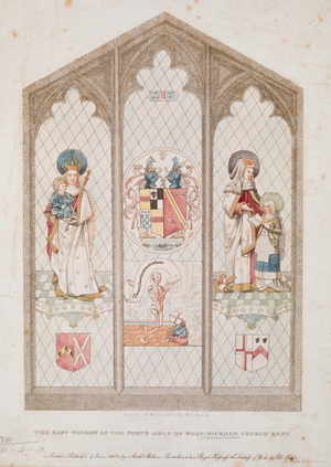A stained glass window with the Virgin and Child, a coat of arms and biblical figures
