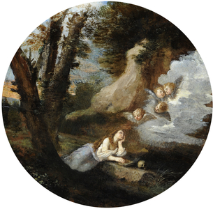 The Penitent Magdalen comforted by Cherubim in the Wilderness (oil on panel)