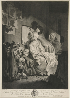 L’Origine de la Peinture, ou les Portraits à la Mode; pub. 1767 (engraving) 