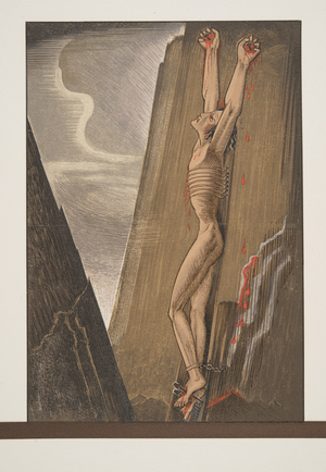Prometheus nailed to the Rock, from Prométhée Enchaîné by Aeschylus, pub. 1941 (pochoir print)