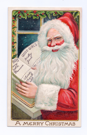 Edwardian Christmas postcard of Father Christmas reading a book with names of boys and girls, c.1910 (colour litho)