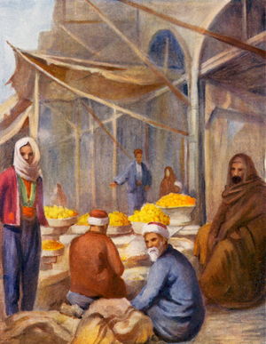 In the Fruit Bazaar, Damascus (colour litho)