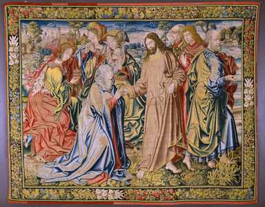 Flemish tapestry. Series Heaven of Charles V. Christ is saying goodbye to his Mother (Despedida de Cristo/Christus neemt afscheid van zijn moeder). Cartoonist Jan van Coninxloo. Manufacture of Julien Portois, Mechelen (Malines). Ca 1521.