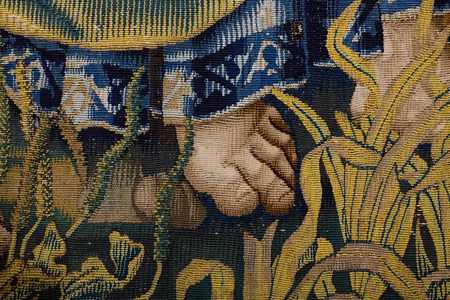 Flemish tapestry. Series Heaven of Charles V. Christ is saying goodbye to his Mother (Despedida de Cristo/Christus neemt afscheid van zijn moeder). Cartoonist Jan van Coninxloo. Manufacture of Julien Portois, Mechelen (Malines). Ca 1521.