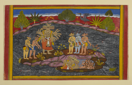 Rāvaṇa seeks the puruṣa, enters a cave, and finds thousands of exalted beings, 1653 (miniature)