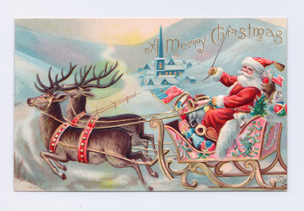 Edwardian Christmas postcard of Father Christmas driving a sleigh in the snow pulled by reindeers, c.1910 (colour litho)