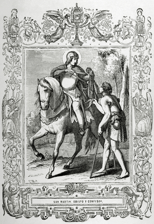 St. Martin of Braga (520-589) sharing his cloak with a beggar (engraving)