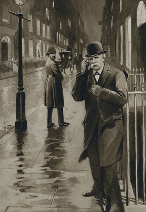 David Edward Hughes listening to wireless signals in Great Portland Street, London, in the days when nobody would believe him (litho)